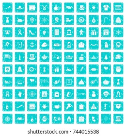 100 national holiday icons set in grunge style blue color isolated on white background vector illustration