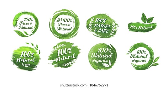 100% natural badge label collection. Organic healthy vegan food labels. Natural, fresh, organic food stickers collection .Hand drawn watercolor stroke vector graphic premium design.