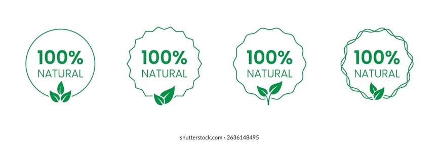 100% Natural Badge and Label Set. Green and white circle badge with leaf icon, label100% Organic Natural Product for eco-friendly branding and packaging
