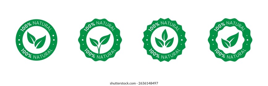 100% Natural Badge and Label Set. Green and white circle badge with leaf icon, label100% Organic Natural Product for eco-friendly branding and packaging