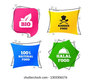 100% Natural Bio food icons. Halal and Kosher signs. Chief hat with fork and spoon symbol. Geometric colorful tags. Banners with flat icons. Trendy design. Vector
