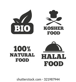 100% Natural Bio food icons. Halal and Kosher signs. Chief hat with fork and spoon symbol. Flat icons on white. Vector