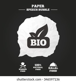 100% Natural Bio food icons. Halal and Kosher signs. Chief hat with fork and spoon symbol. Paper speech bubble with icon.
