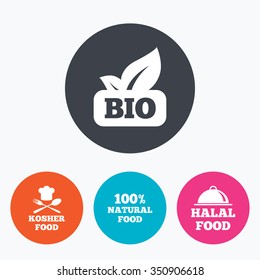 100% Natural Bio food icons. Halal and Kosher signs. Chief hat with fork and spoon symbol. Circle flat buttons with icon.
