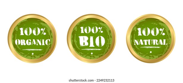 100% natural, bio, organic icon. Vector round green icon with grunge textures and lettering . Gold and green color