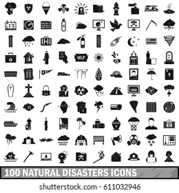 100 Natural Disasters Icons Set In Simple Style. Illustration Of Natural Disasters Icons Sabotage Isolated Vector For Web