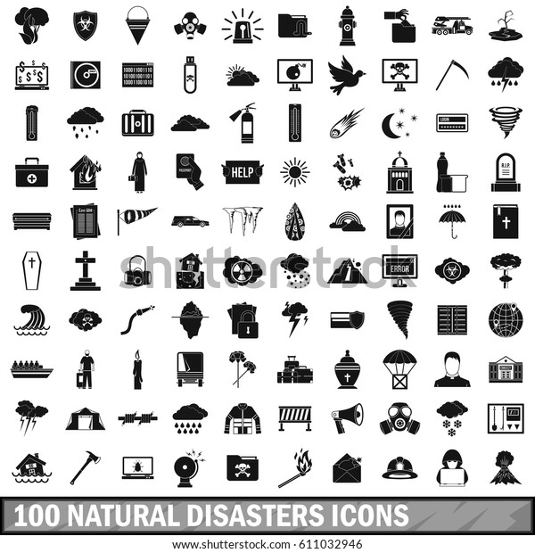 100 natural disasters icons set in simple style.\
Illustration of natural disasters icons sabotage isolated vector\
for web