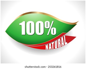 100% natural green leaf label isolated on white.vector illustration