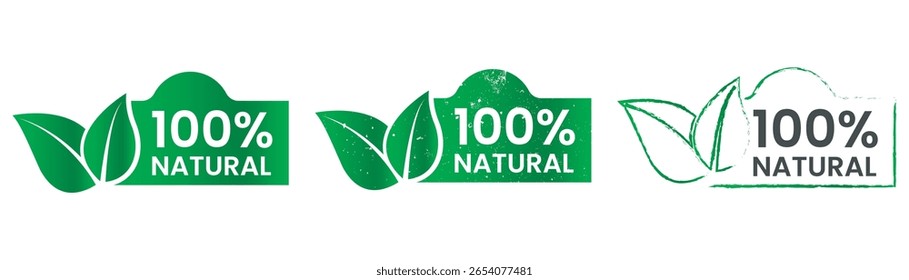 100% Natural Green Leaf Labels, Eco-Friendly Vector Icons for Organic Product Packaging and Wellness Branding