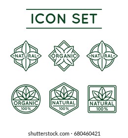 100% Natural Green Vector Icon Set For Use in Design. Organic Sticker. Eco Friendly Concept for Packaging and Advertisement.