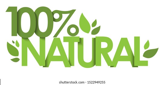 100% NATURAL green vector typography with leaves