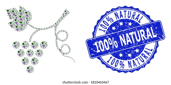 100% Natural grunge round stamp seal and vector fractal collage grape plant. Blue stamp seal contains 100% Natural caption inside round shape. Vector collage is done with recursive grape plant icons.