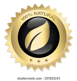 100% natural guaranteed seal or icon with leaf symbol. Glossy golden seal or button with stars.