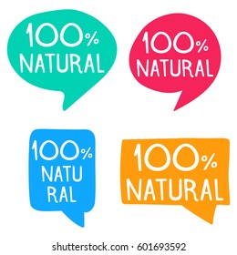 100% natural. Hand drawn speech bubbles. Vector set of icon illustration on white background.
