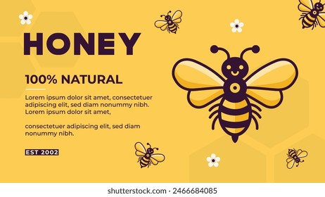 100% Natural Honey Web Banner. Honey Bee Web Template for Honeycomb Business