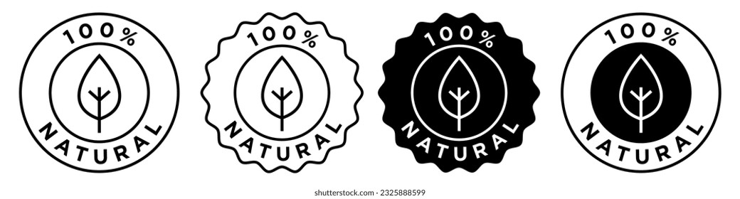 
100% natural icon set vector collection. Black and white sign emblem seal of nature leaf outlined. Eco product symbol badge. organic healthy food  plant stamp for web ui use