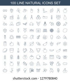 100 natural icons. Trendy natural icons white background. Included line icons such as cherry, grape, goat, leaf, field, water hose, tree, bouquet. natural icon for web and mobile.