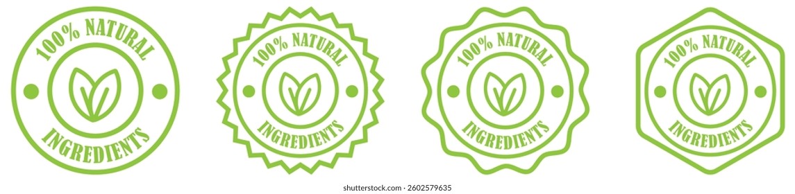 100% natural Ingredients Badge Set. Organic Product Certification Labels. Eco friendly food seal collection. Green vegan stamp vector design. Healthy organic sticker emblems. Organic eco friendly icon