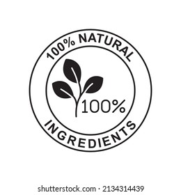 100% Natural Ingredients Label Icon In Black Flat Glyph, Filled Style Isolated On White Background