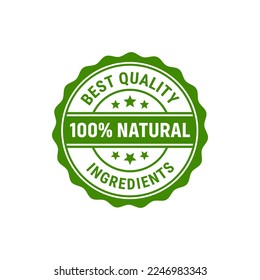 100% natural ingredients or Natural ingredients product icon. Organic ingredients green label stamp. 100% natural ingredients, organic bio pharmacy and natural skincare cosmetic product.