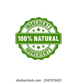 100% natural ingredients or Natural ingredients product icon vector illustration. Organic ingredients green label stamp. 100% natural ingredients, organic bio pharmacy and natural skincare cosmetic 