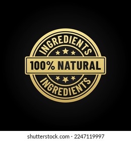 100% ingredientes naturales o Ingredientes naturales producto de ilustración vectorial. Sello ecológico de los ingredientes. 100% ingredientes naturales, biofarmacia orgánica y productos cosméticos de cuidado de la piel naturales