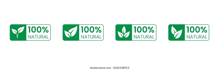100% Natural Label Set. Green and white with leaf icon, label 100% Organic Natural Product for eco-friendly branding and packaging
