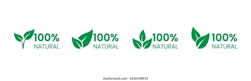 100% Natural Label Set. Green and white with leaf icon, label 100% Organic Natural Product for eco-friendly branding and packaging