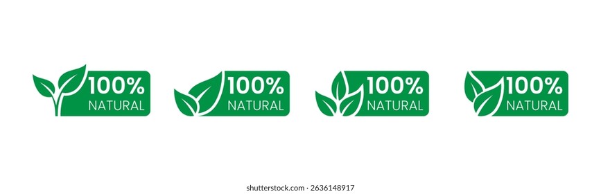 100% Natural Label Set. Green and white with leaf icon, label 100% Organic Natural Product for eco-friendly branding and packaging