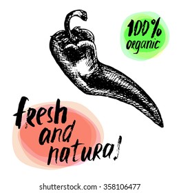 100% natural lettering sticker with brushpen calligraphy. Eco friendly concept for banners, cards, advertisement. Vector ecology nature design. Hand drawn illustration