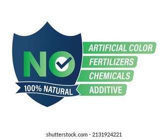 '100% natural, no artificial color, fertilizers, chemicals and additives' vector icon.