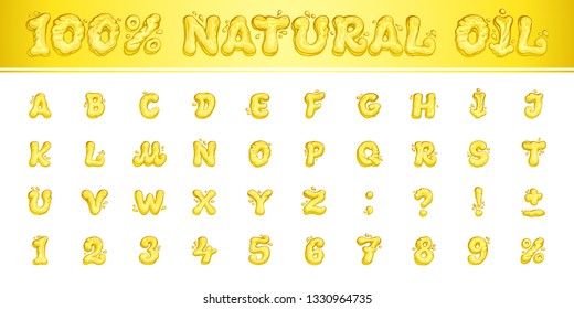 100% natural oil. Cartoon text banner and original fluid font for positive food designs. Vector set of golden letters, digits, punctuation marks and percentage sign. Hand drawn comic English alphabet