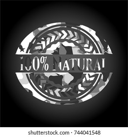 100% Natural on grey camouflage pattern