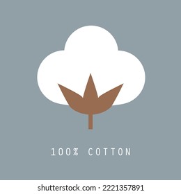 100% Natural Organic Cotton Icon. Vector badge, logo or label. Minimalistic illustration style. Cotton Plant, Cotton Ball, Cotton Swab