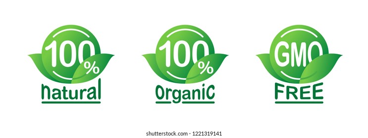 100% natural, 100% organic, GMO free - package marking or logo icon template for healthy food, vegetarian nutrition - vector sticker set