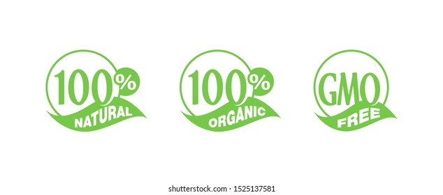 100% natural, 100% organic, GMO free - monochrome mark icon set for healthy food, vegetarian nutrition - vector isolated element
