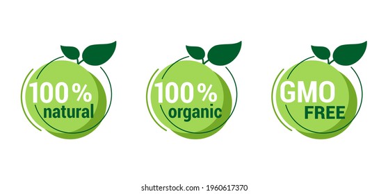 100 natural, 100 organic and GMO free badges - certification for hundred percent healthy food, vegetarian nutrition in leaf shape - vector sticker set