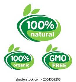 100 natural, organic and GMO free labels set - badge for hundred percent healthy food, vegetarian nutrition in leaf shape - vector sticker set