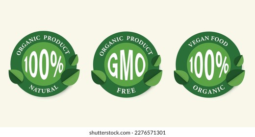 100% natural, 100% organic, GMO free, Logo mark for healthy food, vegetarian nutrition. Green banner. Green label.