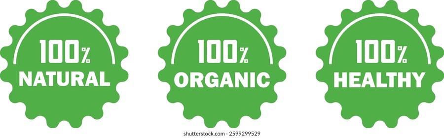 100% Natural, Organic, and Healthy Badges - Green Labels for Eco-Friendly Products