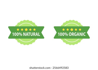 100% natural and organic label stamp badge. Green round sticker template. Nature, healthy, ecology, environment, guarantee, organic concepts. Flat vector design isolated illustration.