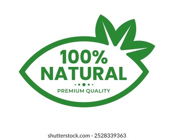 100% natural organic premium quality product vector label with abstract green leaf. Vector illustration. For product label, icon, logo, insigna, seal, tag, sign, seal, symbol, badge, stamp, sticker