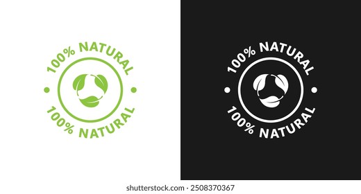 100% Natural and organic product. Circle sign, symbol, sticker or stamp of natural food. Healthy food. Natural and organic food badge
