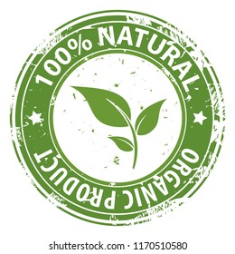100% Natural Organic product green round rubber stamp icon isolated on white background. Healthy fresh food symbol. Vector illustration