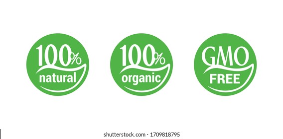 100% natural, 100% organic, 100% vegan icons - hundred percent tags for healthy food, vegetarian nutrition in leaf shape - vector sticker set