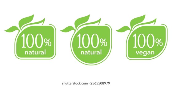 100 natural, organic and vegan icons set - badge for hundred percent healthy food, vegetarian nutrition - vector badges set