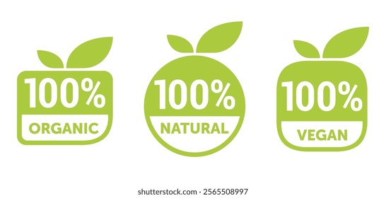 100 natural, organic and vegan icons set - badge for hundred percent healthy food, vegetarian nutrition in leaf shape - vector sticker set, flat style