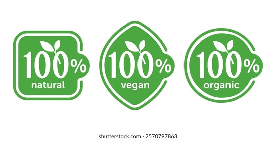 100 natural, organic and vegan icons set - badge for hundred percent healthy food, vegetarian nutrition in leaf shape - vector sticker set, flat organic style