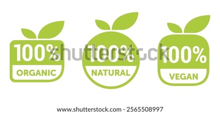 100 natural, organic and vegan icons set - badge for hundred percent healthy food, vegetarian nutrition in leaf shape - vector sticker set, flat style