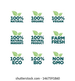 100% natural, organic, vegan, natural ingredients, natural product, farm fresh, eco, bio, gmo free icon set